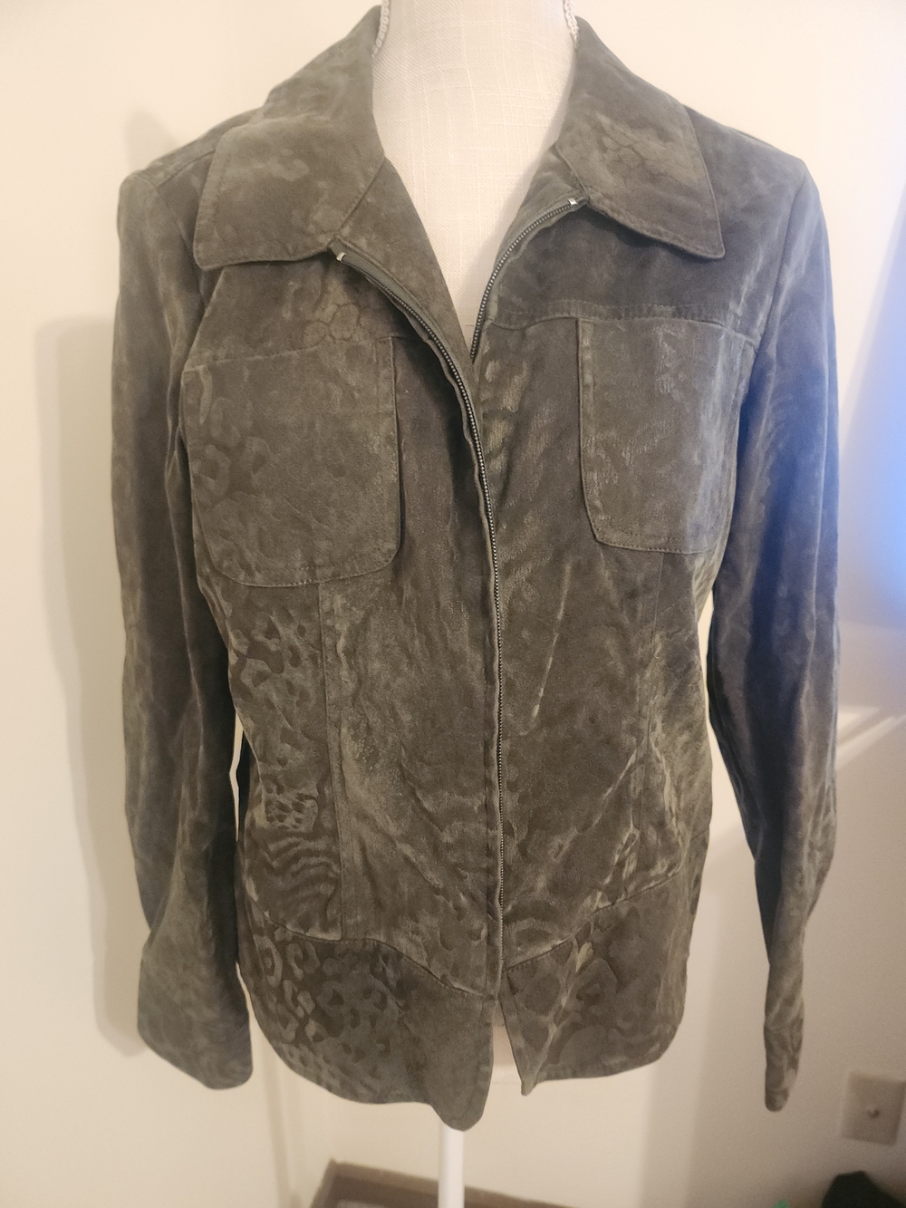 Unique Olive Suede Women's Zip-Front Jacket With Suttle Snake-like Print.